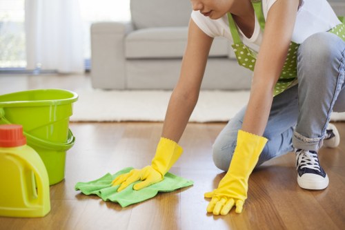 Professional cleaner maintaining a modern office workspace